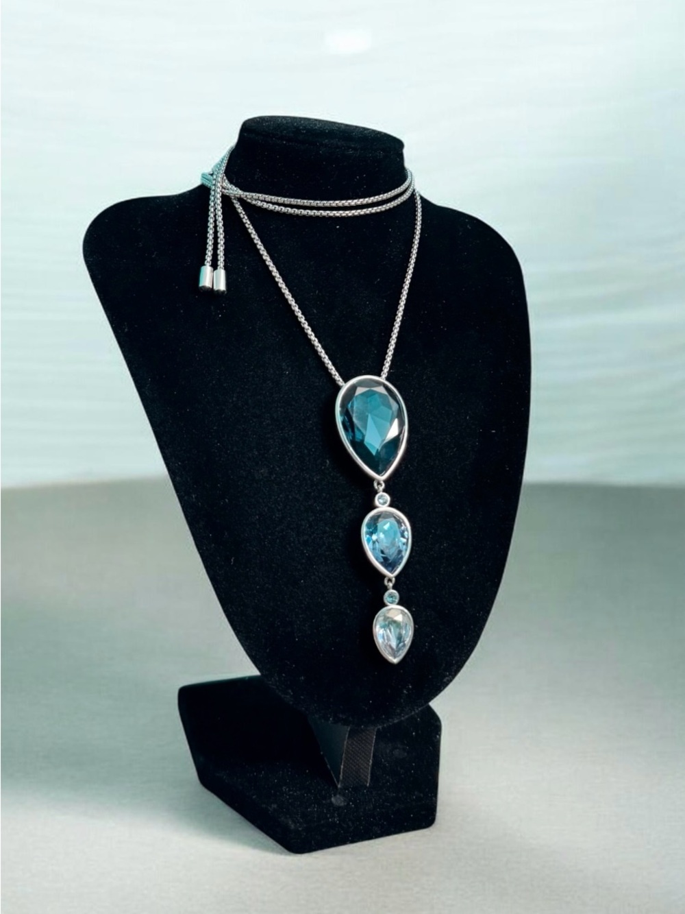 Touchstone Crystal Swarovski Blue Teardrop Adjustable Necklace Silver Tone